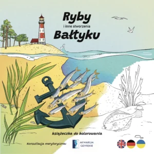 Okładka książeczki do kolorowania „Ryby i inne stworzenia Bałtyku” z ilustracją plaży, morza, latarni morskiej, ryb i kotwicy.