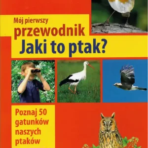 Okładka książki „Mój pierwszy przewodnik. Jaki to ptak?” z ilustracjami ptaków i dziecka obserwującego przyrodę. Przewodnik opisuje 50 gatunków polskich ptaków.