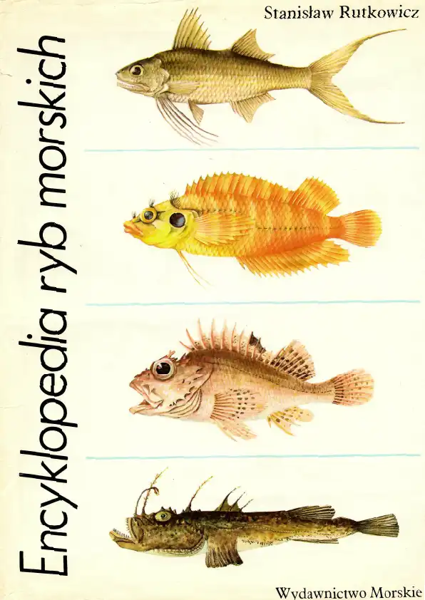 Okładka książki „Encyklopedia ryb morskich” autorstwa Stanisława Rutkowicza z ilustracjami czterech gatunków ryb na białym tle.