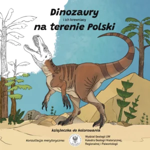 Kolorowanka przedstawiająca dinozaura na tle krajobrazu prehistorycznego – część ilustracji pokolorowana, część w formie konturu do kolorowania