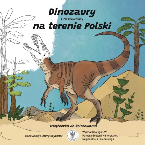 Kolorowanka przedstawiająca dinozaura na tle krajobrazu prehistorycznego – część ilustracji pokolorowana, część w formie konturu do kolorowania