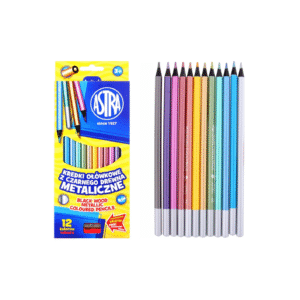 Okrągłe kredki ołówkowe firmy Astra w 12 metalicznych kolorach w kartonowym pudełku. Obrazek przedstawia pudełko produktu oraz obok zdjęcie wszystkich kredek, które zawierają się w tym pudełku.