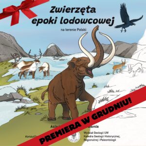 Kolorowanka przedstawiająca mamuta i renifery na tle krajobrazu lodowcowego – część ilustracji pokolorowana, część w formie konturu do kolorowania