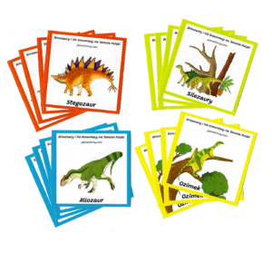 Obrazek przedstawia 4 zestawy naklejek po 4 sztuki każdy. Naklejki są ilustracjami z kolorowanki "Dinozaury i ich krewniacy na terenie Polski" i przedstawiają takie dinozaury jak: stegozaur, silezaury, allozaur, ozimek. Na każdym rodzaju naklejki znajduje się jeden gatunek dinozaura. Każda naklejka ma inny kolor ramki. Ilustracje są podpisane nazwami dinozaurów oraz tytułem kolorowanki i adresem strony internetowej jasnestrony.com Stanowią materiał promocyjny dla kolorowanki i wydawnictwa