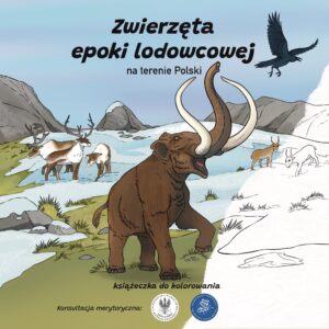 Kolorowanka przedstawiająca mamuta i renifery na tle krajobrazu lodowcowego – część ilustracji pokolorowana, część w formie konturu do kolorowania